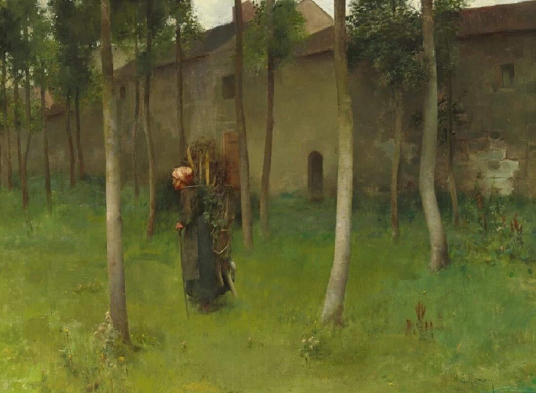Una donna che raccoglie legna nella foresta